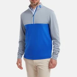 FootJoy Colour Blocked Chill-Out 1/2 Zip Golf Pullover -Golf Clothing Shop FootJoy SS22 Colour Blocked Chill Out 1 2 Zip Golf Sweater Dove Grey Royal 88403 model 1