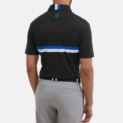 FootJoy Double Chest Band Pique Golf Polo Shirt 11 FootJoy Double Chest Band Pique Golf Polo Shirt -Golf Clothing Shop FootJoy SS22 Double Chest Band Pique Golf Polo Shirt Black Cobalt White 88441 model 3