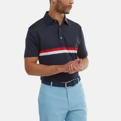 FootJoy Double Chest Band Pique Golf Polo Shirt -Golf Clothing Shop FootJoy SS22 Double Chest Band Pique Golf Polo Shirt Navy Red White 88440 model 1