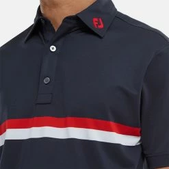 FootJoy Double Chest Band Pique Golf Polo Shirt -Golf Clothing Shop FootJoy SS22 Double Chest Band Pique Golf Polo Shirt Navy Red White 88440 model 2