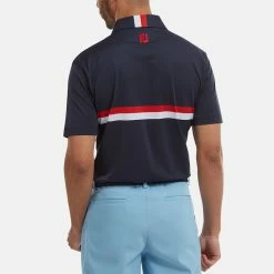 FootJoy Double Chest Band Pique Golf Polo Shirt -Golf Clothing Shop FootJoy SS22 Double Chest Band Pique Golf Polo Shirt Navy Red White 88440 model 3