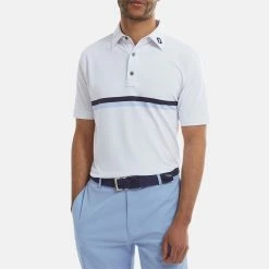 FootJoy Double Chest Band Pique Golf Polo Shirt 9 FootJoy Double Chest Band Pique Golf Polo Shirt -Golf Clothing Shop FootJoy SS22 Double Chest Band Pique Golf Polo Shirt White Navy Light Blue 88443 model 1