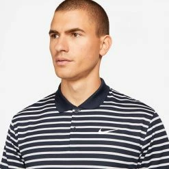 Nike Dry Victory Stripe Golf Polo Shirt -Golf Clothing Shop Nike SS22 Dry Victory Stripe Golf Polo Shirt DH0829 451 M Obsidian White model 2