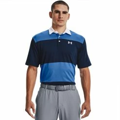 Underarmour Under Armour Playoff 2.0 Club Stripe Golf Polo Shirt -Golf Clothing Shop Under Armour SS22 Playoff 2.0 Club Stripe Golf Polo Shirt 1327037 479 Victory Blue Academy White Model 1
